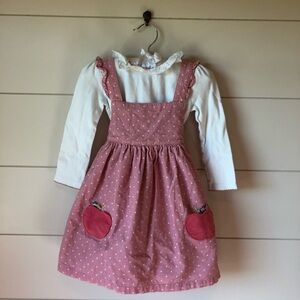 Mini Boden Corduroy Apple Jumper Dress  w/ Onsie Pink Girls 2-3